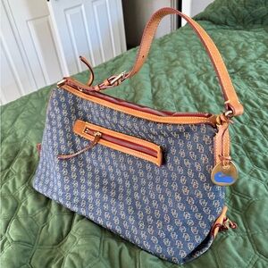 Dooney & Bourke Y2K Large Shoulder Bag Monogram Denim Leather Vtg Purse Preppy